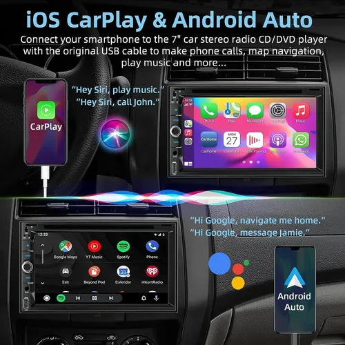 Vista 2 de Estéreo de coche de doble DIN con reproductor de CD/DVD - CarPlay y Android Auto, audio para coche con Bluetooth, pantalla táctil HD de 7 pulgadas