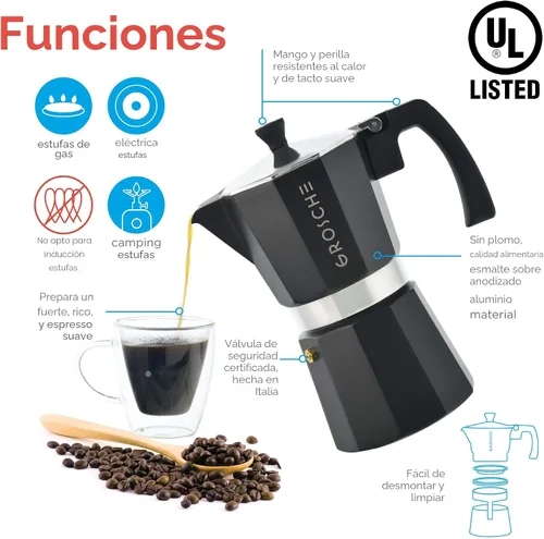 Vista 3 de GROSCHE Milano - Cafetera Moka para estufa, olla de expreso para 3 tazas de café, 5 oz, color negro - Cafetera cubana para estufa, cafetera Moka