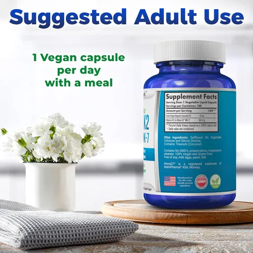 Vista 6 de Vitamina K2 MK7 (MenaQ7) 100 mcg con aceite de coco para una absorción superior, suplemento de salud dietética, 120 cápsulas líquidas veganas