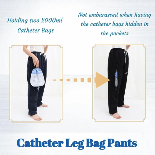 Vista 2 de Pantalones de catéter para hombres y mujeres, pantalones con soporte para bolsas de orina y piernas con bolsillos dobles con cremallera para dos