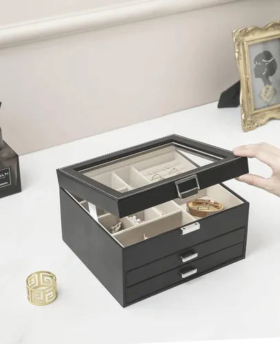 Vista 5 de AOSIFIEL Joyero de 3 capas organizador de joyas con tapa de cristal transparente, joyero para mujeres, adolescentes y niños, caja de almacenamiento