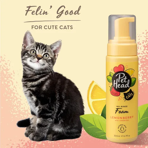 Vista 3 de Pet Head Felin' Good Cat - Espuma sin enjuague, aroma afrutado con aloe vera, champú seco para gatos malolientes, vegano, seguro para lamidas