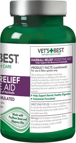 Vista 7 de Vet’s Best, digestivo para alivio de bolas de pelo de gato, 60 comprimidos masticables, sabor clásico a pollo.