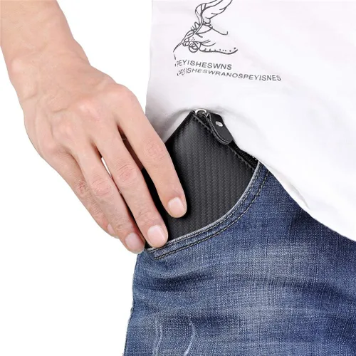 Vista 6 de Cartera de cuero con cremallera para hombre, con bloqueo RFID, con cremallera alrededor de la cartera, plegable, con múltiples tarjeteros