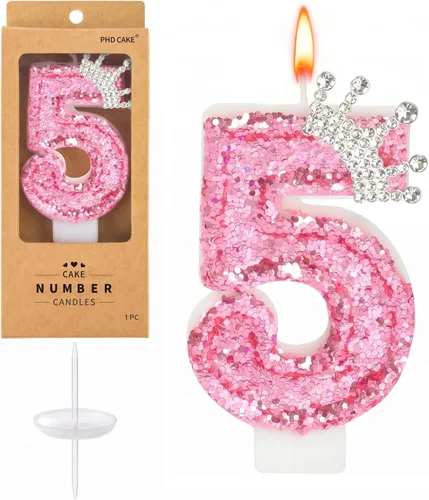 Vista 14 de PHD CAKE Velas con números de cumpleaños, velas de cumpleaños de corona rosa para pastel, velas con purpurina número 0 con lentejuelas para niñas