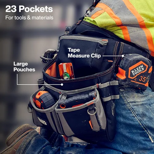 Vista 4 de Klein Tools 55896 - Cinturón de herramientas acolchado, tirantes y bolsas con 23 bolsillos, cintura ajustable de 30 a 52 pulgadas, para carpinteros