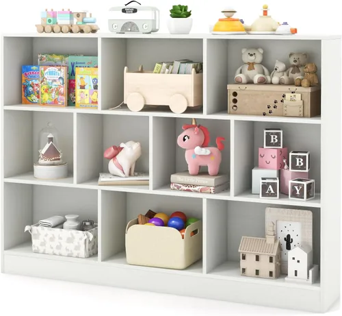 Vista 8 de HONEY JOY Organizador de almacenamiento de juguetes para niños, gabinete de almacenamiento de madera de 7 secciones, baúl de juguetes de guardería