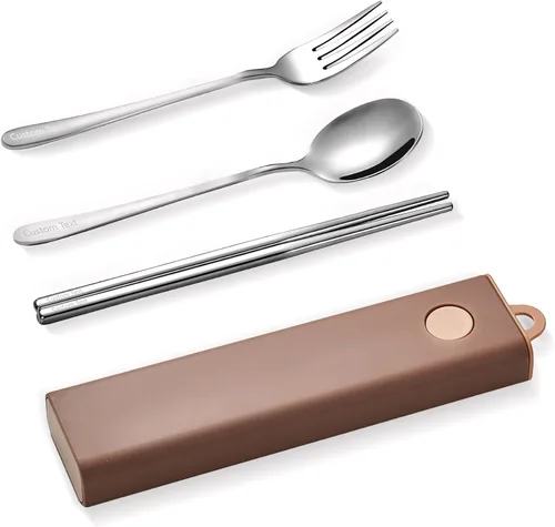 Vista 11 de Muka Juego de 3 utensilios portátiles personalizados, palillos de acero inoxidable, tenedor, cuchara de viaje con logotipo personalizado y nombre