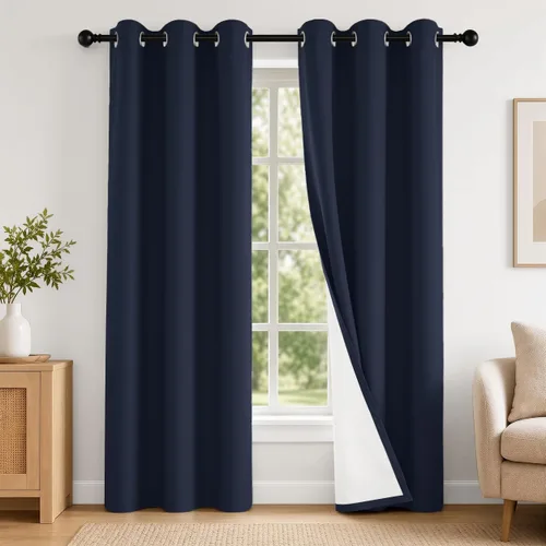 Vista 19 de 2 paneles de cortinas 100% opacas, de peso medio, con aislamiento térmico y ojales para dormitorio, sala de estar, tratamiento de ventana