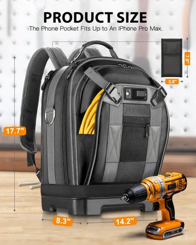 Vista 2 de Mochila de herramientas con compartimento para portátil, bolsa de herramientas completamente abierta, bolsas de herramientas HVAC, mochila