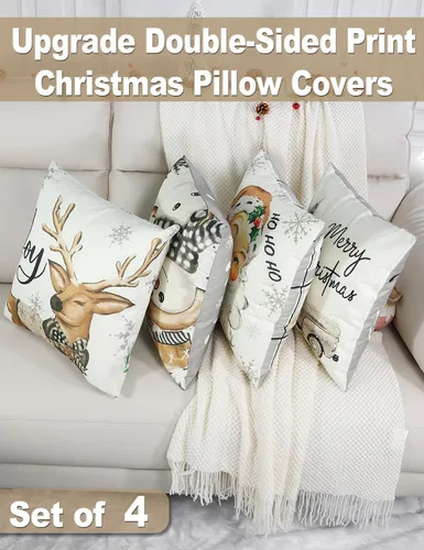 Vista 2 de multiwins Decoraciones Navideñas Juego de 4 Fundas de Almohada Navideñas con Estampado de Doble Cara de 16" x 16", con 8 Bonitos Patrones, Fundas