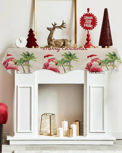 Vista 5 de Bufanda de manto de Feliz Navidad, 60 x 17 pulgadas, flamenco tropical, palmera, chimenea, mantel de chimenea, cubierta de mantel para Navidad