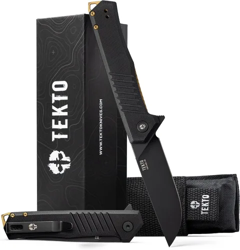 Vista 13 de TEKTO F1 Alpha - Cuchillo de bolsillo plegable, hoja trasera recta modificada, acero D2 recubierto de titanio, cuchillo táctico, cuchillos