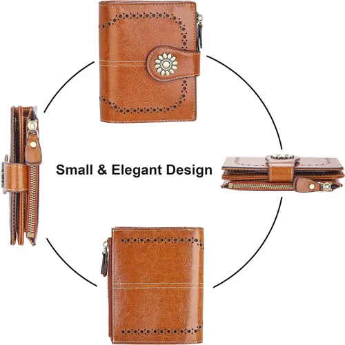 Vista 3 de Lavemi Cartera de cuero para mujer, pequeña, compacta, con bloqueo RFID, con bolsillo con cremallera
