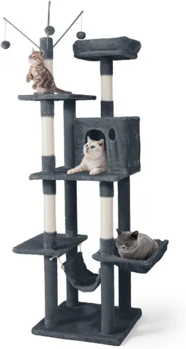 Vista 11 de BOWHAUS Árbol alto para gatos grandes o gatitos de interior, árbol de actividades para gatos de varios niveles con postes rascadores, hamaca