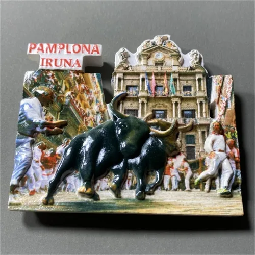 Vista 2 de San Fermín Festival Pamplona España Imán para Refrigerador Recuerdo de Viaje Decoración de Nevera 3D Adhesivo Magnético Colección Artesanía
