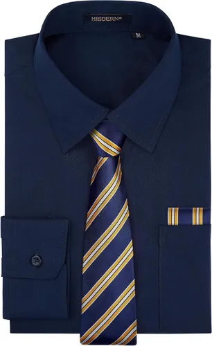 Vista 20 de HISDERN Mens Dress Shirt with Tie Pocket Square Set Classic Button Down Shirt Matching Tie Long Sleeve Shirts 08-verde