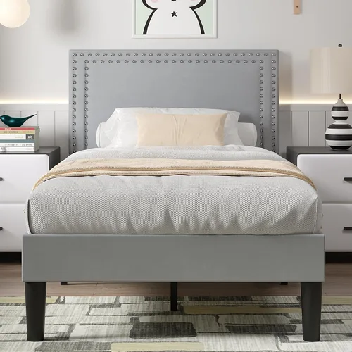 Vista 39 de VECELO Base de cama de plataforma de tamaño individual con cabecera tapizada de altura ajustable, base de colchón moderna, soporte de listones