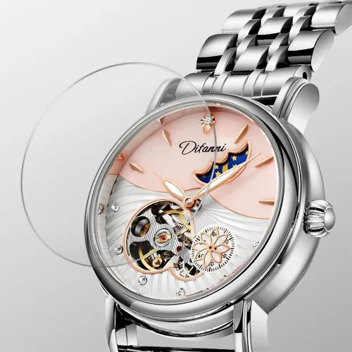 Vista 6 de CARLIEN Relojes mecánicos automáticos de acero inoxidable para mujer, correa de cuero, esfera de esqueleto de perla, impermeable, reloj de pulsera