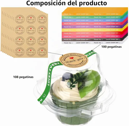 Vista 2 de Paquete de 100 recipientes individuales para cupcakes con calcomanías, cajas individuales de plástico transparente para cupcakes con tapas