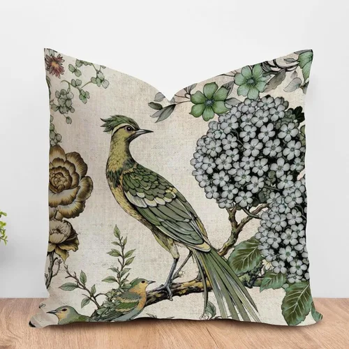 Vista 86 de ArogGeld Funda de cojín con flores verdes y blancas con flores grises y negras y hojas verdes en estilo chinoiserie, funda de almohada cuadrada