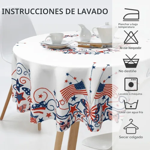 Vista 3 de Giwawa Mantel de Mesa Redondo con Bandera de EE. UU., Mantel Americano con Estrellas, Mariposas, Círculo, 152 cm. Mantel del 4 de julio, Día