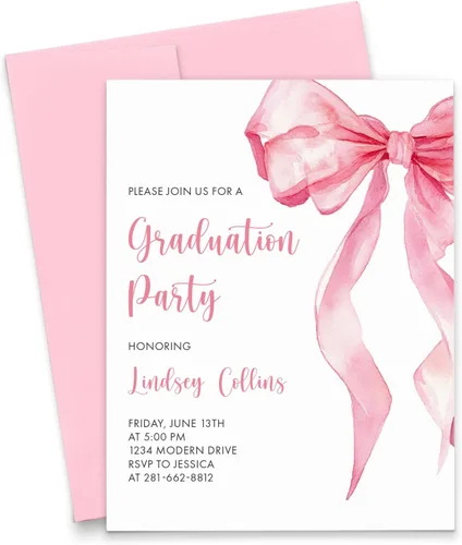 Vista 6 de Modern Pink Paper Invitaciones para fiesta de graduación con gorra y diploma 2025, invitaciones personalizadas para fiesta de graduación con borde