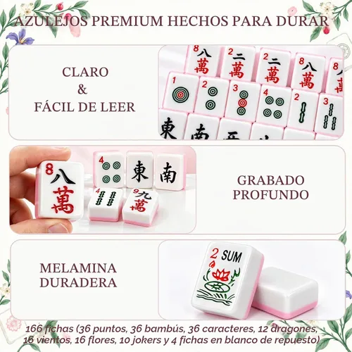 Vista 5 de Juego de 166 azulejos Mahjong americanos con tapete Rosa
