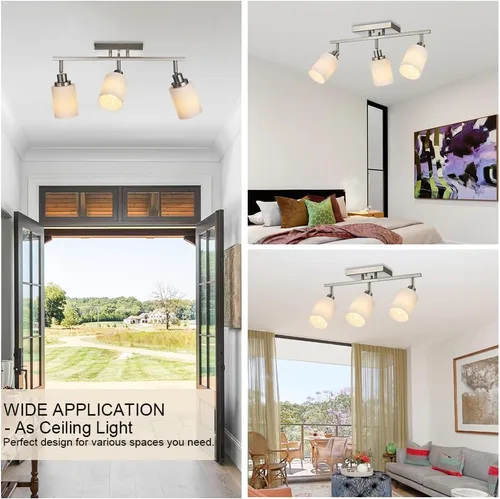 Vista 3 de TODOLUZ Accesorios de iluminación de riel para techo, 3 luces de níquel cepillado para pared de techo con vidrio blanco ópalo, base de bombilla E26