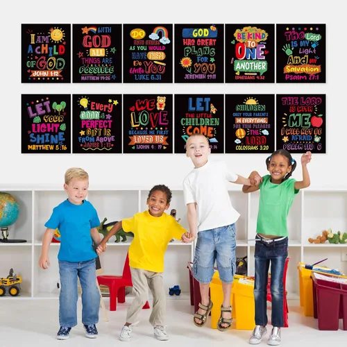 Vista 6 de Cinrobiye 12 carteles con versículo bíblico para niños, arte de pared cristiano inspirador con citas de las Escrituras, decoración religiosa