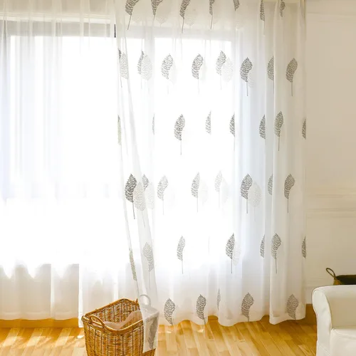 Vista 2 de Cortinas traslúcidas blancas de 63 pulgadas de largo, paneles de gasa bordada con hojas para cocina, sala de estar, dormitorio, ventanas pequeñas