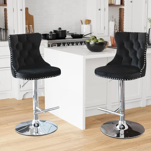Vista 122 de Aoowow Juego de 2 taburetes de bar giratorios, taburetes de bar ajustables con respaldo de terciopelo copetudo, sillas de bar modernas tapizadas