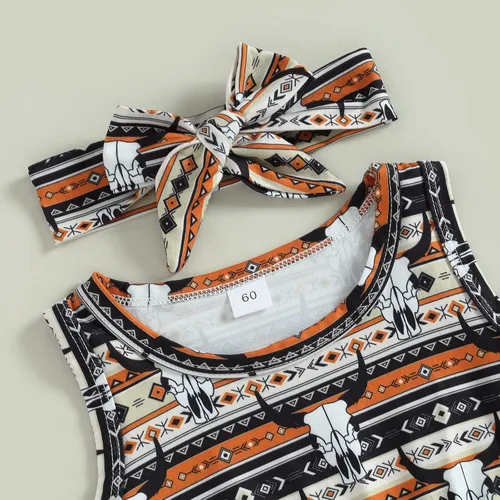 Vista 5 de Karuedoo Ropa occidental para bebé niña, con estampado de vaca, sin mangas, con pompones, traje de una pieza con diadema