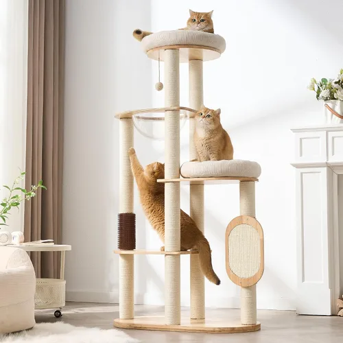 Vista 13 de Moderno árbol de madera maciza para gatos de interior de hasta 15 libras, torre para gatos de 49 pulgadas de alto con postes rascadores y rascador