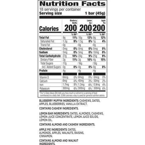 Vista 3 de Larabar Paquete variado, barras de frutas y nueces, 18 unidades, 28.8 onzas Includes Blueberry Muffin, Lemon Bar & Apple Pie, 6 Bars Each, Plant