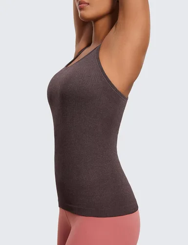 Vista 3 de CRZ YOGA Camiseta sin mangas acanalada sin costuras para mujer con brasier integrado, cuello redondo acolchado, adelgazante, atlética, larga