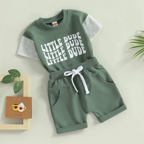 Vista 64 de Conjunto de traje de verano para bebé niño pequeño, manga corta, cuello redondo, letras impresas, lindo traje de verano, conjunto de 2 piezas