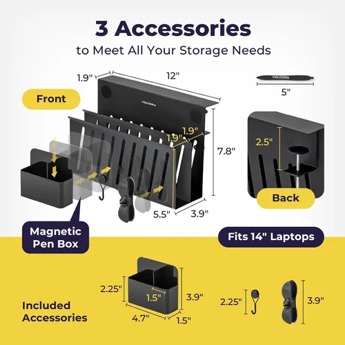 Vista 2 de Volcora Almacenamiento lateral, soporte para debajo de la laptop, organizador sin taladros con caja magnética para bolígrafos, abrazadera