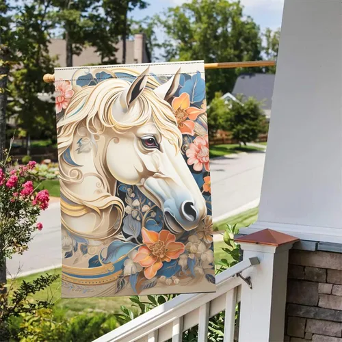 Vista 4 de horse and flowers retro spring outdoor flags Easter banner for Patio decoration 12x18 double sided