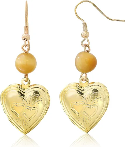 Vista 2 de Gem Stone King Impresionante medallón en forma de corazón abierto en tono dorado con pendientes redondos de ojo de tigre, Metal, piedras preciosas