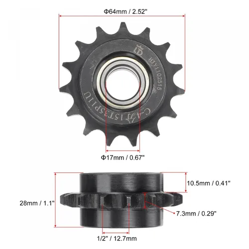 Vista 2 de uxcell Piñón tensor de cadena, diámetro de 0.669 in, paso de 1/2 pulgada, tensor de 15 dientes, acabado de óxido negro, acero al carbono C45
