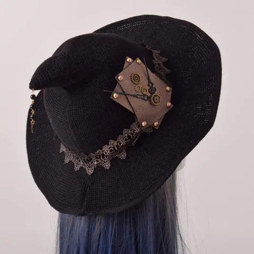 Vista 4 de GRACEART Sombrero de bruja de lana de fieltro con engranajes para mujer, gorro de mago de Halloween, gorro de Mardi Gras