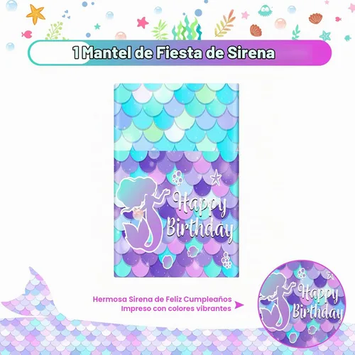 Vista 4 de 1 mantel de sirena – Mantel de sirena de feliz cumpleaños, mantel rectangular de plástico desechable con diseño de sirenas para decoración de 1