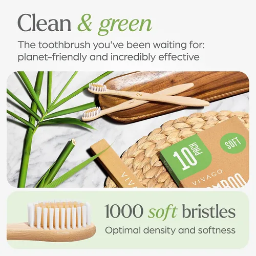 Vista 2 de VIVAGO Paquete de 10 cepillos de dientes de bambú, sin BPA, cerdas suaves, ecológicos, cepillo de dientes de madera natural Cepillo de dientes