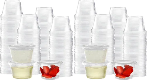 Vista 8 de TashiBox 200 juegos de vasos de gelatina de 1 onza con tapas, vasos de plástico para porciones de soufflé con tapas, transparentes
