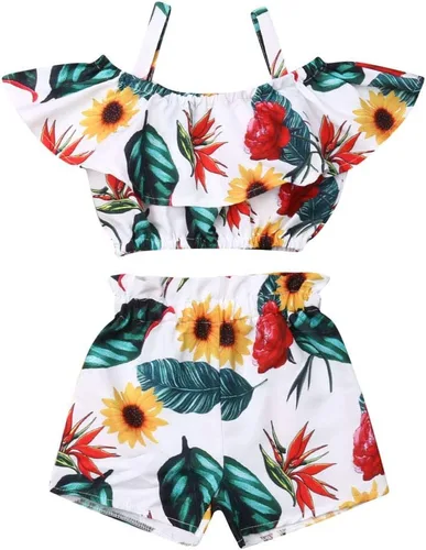 Vista 11 de Conjunto de 2 piezas de ropa con volantes y cuello halter floral para niños pequeños