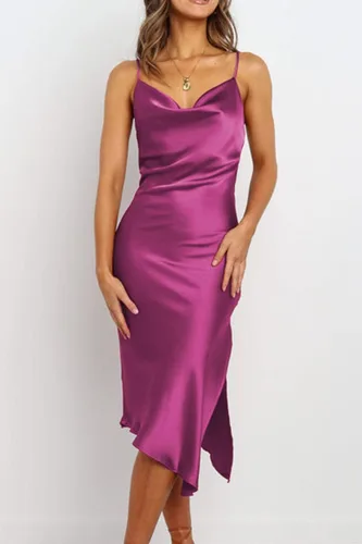 Vista 7 de PRETTYGARDEN Vestido de satén para mujer, sin mangas, con tirantes delgados, abertura lateral, cuello vuelto, midi