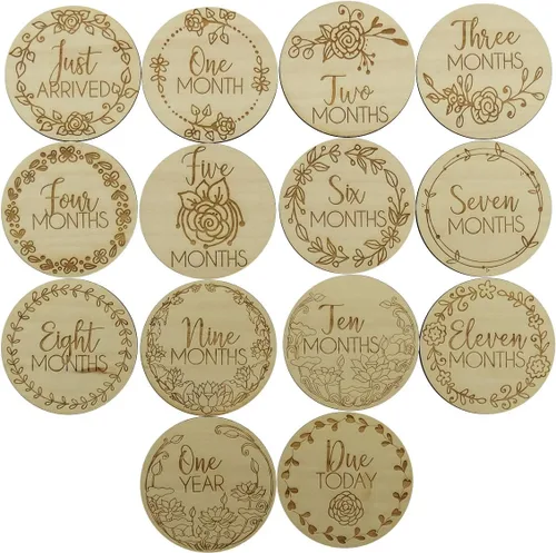 Vista 10 de Accesorios de recuerdo de fotografía de hitos mensuales de animales, madera grabada con láser, 14 piezas de círculos de 3.5 pulgadas