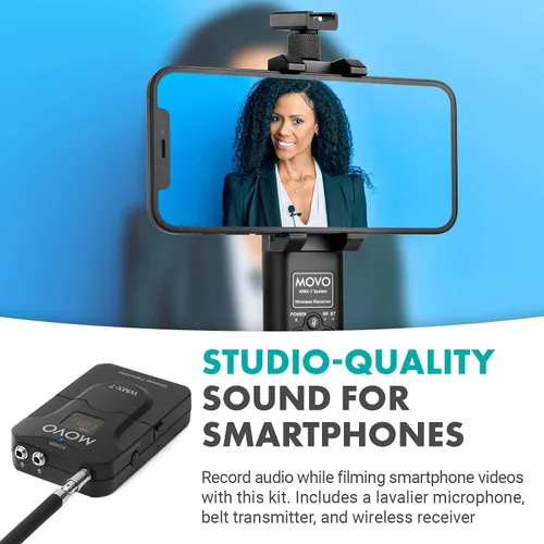 Vista 2 de Movo WMX-7-SP Sistema de micrófono inalámbrico Lavalier VHF para teléfonos inteligentes - Micrófono inalámbrico Lav para iPhone y Android - Receptor