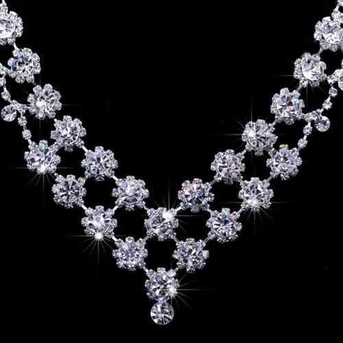 Vista 5 de Wekicici Juego de collar y aretes de diamantes de imitación de flores para novia, gargantilla de cristal brillante, accesorios de boda para mujeres
